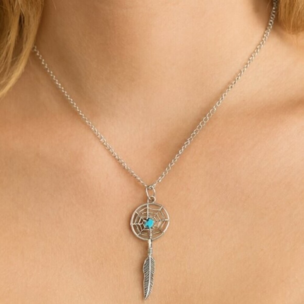 Turquoise Dream‎ Catcher Silver Necklace with Feather